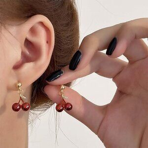 Red Crystal Cherry Gold Dangle Earrings